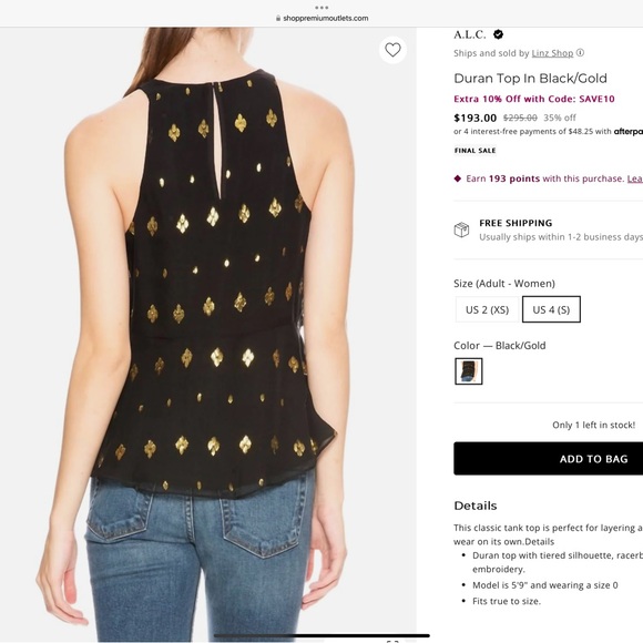 A.L.C. Duran Top in Black/Gold - Size 4 - Picture 2 of 12
